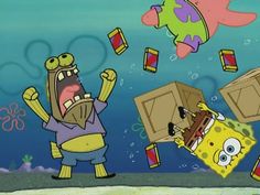 spongebob and his friends are in the ocean with their chests full of stuff