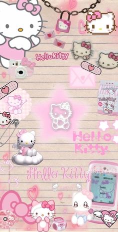 the hello kitty wallpaper has many different items on it's back side and is pink