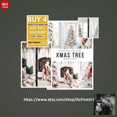 an advertisement for a christmas tree sale with pictures of people in front of it and the words, buy 4 get 50 % off discount