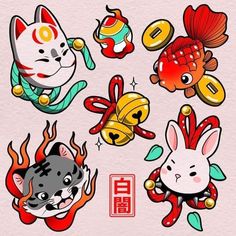 an image of chinese zodiac signs with cats and dogs on it's faces in different colors