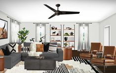 a living room filled with furniture and a ceiling fan