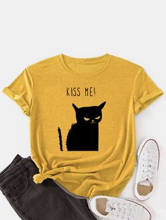 Cat Print O neck Short Sleeve Casual T Shirt For Women P1799979, Khaki / US 6 Yellow Streetwear, Yellow Fits, Casual Black, T Shirt For Women, Shirt For Women, Online Tops