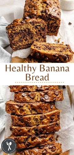 healthy banana bread sliced and stacked on top of each other with the title above it