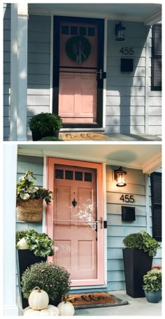 two pictures of the front door of a house with pumpkins and flowers in pots