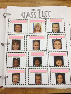 a book with pictures of children's faces and name on the pages, which are lined up in squares