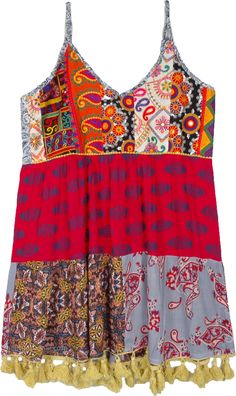 A lovely, bright and fun summer dress with multi-pattern print, sleeveless style and pom-poms! Just the refresher you need, this midi rayon dress has adjustable straps, a v-neck and printed Indian patterns all over. It has a smocking in the back, buckle in the strap and is lined at the bust. #tlb #Sleeveless #beachwrap #MidiDress #BabyDollDress Bohemian Sleeveless Multicolor Print Dress, Multicolor Mixed Print Sleeveless Dress, Multicolor Sleeveless Dress With Mixed Print, Multicolor Patchwork Sleeveless Sundress, Multicolor Sleeveless Boho Dress, Multicolor Boho Print Sleeveless Dress, Sleeveless Patchwork Dress For Festivals, Multicolor Sleeveless Boho Print Sundress, Multicolor Boho Print Sleeveless Sundress