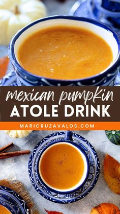 mexican pumpkin atole drink in a blue and white bowl