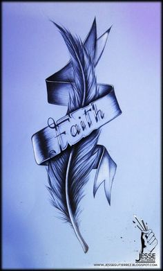 a drawing of a feather with the word faith on it and a ribbon around it