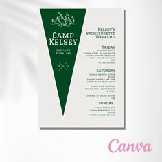 the camp kelsey flyer is shown in green and white