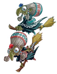 two cartoon characters, one with an owl head and the other holding a broom in his hand