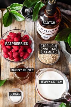 ingredients to make raspberries and oatmeal smoothie on a wooden table