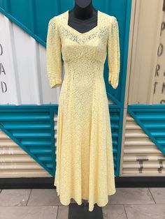 "1930s 1940s Lace Gown with Matching Slip Dress Set. The Gown features Stunning Neckline and Bodice. Sweeping Gored Skirt. 3/4 Sleeve. The slip can be worn as a dress too! Original metal \"Talon\" side zippers on both pieces Measurements: Slip - Bust - 32\" Waist - 26-29\" Hips - free Length - 54\" Dress - Bust - 32\" Waist - 26\" Shoulders - 13.5\" Length - 53\" Condition: Excellent, vintage condition." 1860s Dresses, Gored Skirt, Soft Yellow, Gowns With Sleeves, Dress Set, Lace Gown, Cotton Lace, Dress Clothes For Women, Sleeve Cotton