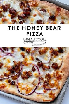 the honey bear pizza is topped with onions and bacon, along with an extra cheese topping