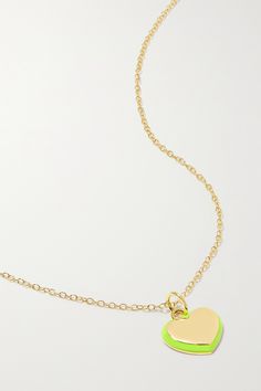 Alison Lou's necklace has a heart-shaped charm traced with neon-yellow enamel. It's hand-cast from 14-karat gold and strung on an adjustable chain, so you can wear it layered with longer or shorter styles. Heart-shaped 14k Yellow Gold Jewelry, Yellow 14k Gold Heart Jewelry, Green Double Heart Jewelry With Heart Charm, Green 14k Gold Heart Jewelry, Green Double Heart Charm Jewelry, Green 14k Gold Heart Pendant Necklace, Green Heart-shaped 14k Gold Jewelry, Enamel Heart Charms Necklace, Yellow Gold Enamel Heart Pendant Necklace