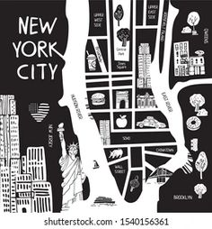 the new york city map is drawn in black and white, with lots of buildings