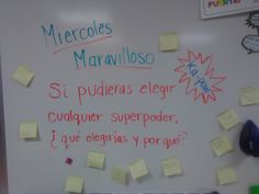 a white board with notes and magnets on it that read mercoles marvavillloso