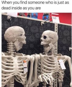 two skeletons are standing next to each other with the caption, when you find someone who is just as dead inside as you are