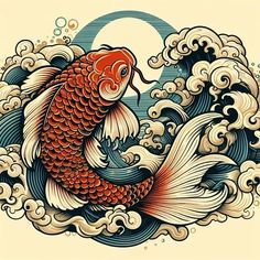 a drawing of a koi fish with waves and moon in the sky above it