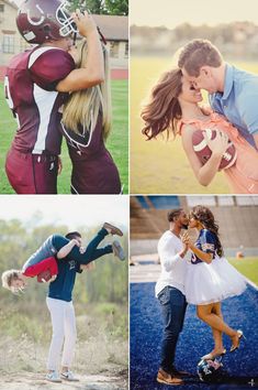 four different pictures of people in football uniforms, one is kissing and the other is hugging