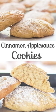 cinnamon appleauce cookies stacked on top of each other with the title above it