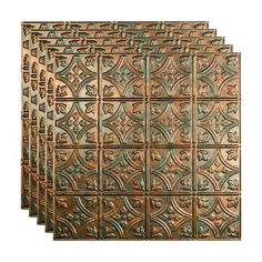 five pieces of copper tin ceiling tiles with intricate designs on them, all in different sizes and colors