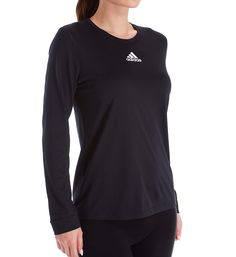 Long performance t-shirt gives you more wicking coverage with light stretch and a more cottony texture. Made of polyester. Crewneck with a smooth band. Long sleeves with smooth knit cuffs. Adidas logo at center of chest. Climalite wicking tech helps fabric breathe, shuttles moisture away and therefore dries out more quickly. Reflective detail at back right, above hem. Tag attached to inner neck. Regular fit. Adidas Women's Creator Climalite Long Sleeve Crew Neck Tee in Black (12H6) | Size Large Adidas Breathable Crew Neck T-shirt, Adidas Crew Neck Functional Activewear, Adidas Crew Neck Activewear For Sports Events, Adidas Athleisure T-shirt With Go-dry, Adidas Functional Crew Neck Activewear, Adidas Activewear Crew Neck, Adidas Black T-shirt For Gym, Adidas Moisture-wicking T-shirt For Sports, Adidas Moisture-wicking Athletic Fit Top