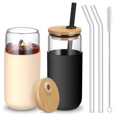 PRICES MAY VARY. CLASSIC CAN SHAPE GLASS TUMBLER: 20 oz glass cups with silicone protective sleeve(Amber, Black), glass with 2 bamboo lids, 2 glass straws, 2 silicone straws , 1 straw brushes. Each glass is 7” high and 3” wide. Classic but elegant cup shape and beautiful color make you fall in love with it just at a glance. AESTHETIC SILICONE PROTECTIVE COVER: The silicone sleeve on body, the silicone ring on the lid and the silicone straw all use the same color, unified colors look great, both Cups With Bamboo Lids, Boba Pearls, Pearl Tea, Apple Cider Caramels, Coffee Glasses, Christmas Fruit, Starbucks Coffee Recipes, Homemade Drinks, Glass Coffee Cups