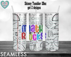 two tumblers with drawings on them and the words march rocks written in multicolored letters