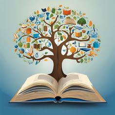 an open book with colorful images on it and a tree growing out of the pages