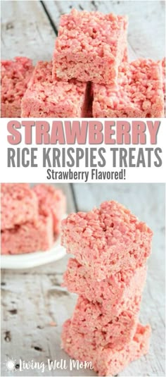 strawberry rice krispies treats stacked on top of each other with the title above it