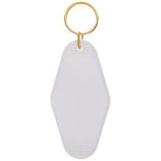 an acrylic keychain with a gold ring hanging from the front, on a white background