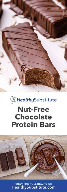 chocolate bars with peanut butter on top and the words nut - free chocolate protein bars