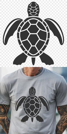 an image of a man with tattoos and a turtle on his back, in front of him