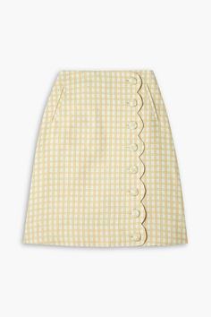 Find LISA MARIE FERNANDEZ Scalloped Checked Cottonblend Boucléjacquard Skirt on Editorialist. Skirt checked bouclé jacquard cotton-blend scalloped trims two front welt pockets button fastenings through front non-stretchy fabric mid-weight fabric dry clean Yellow Skirt Outfit, Scallop Skirt, Scalloped Skirt, Soft Gamine, Check Skirt, Jacquard Skirt, Lisa Marie Fernandez, Yellow Skirt, Jacquard Pattern