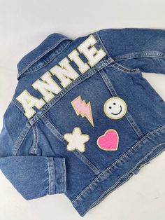 "Looking for the perfect gift? Here it is! Completely custom at no extra charge! Message me if you have any questions or ideas and i'll reply in a blink!  This listing is for a custom jean jacket (denim jacket) (Old Navy brand) and chenille/regular thread/sequin letter patches. Patches are Ironed into the jackets. Design patches are included in the price! No proofs/pictures will be sent or emailed to customers.  JACKET COLORS: Please choose from the 2 options of colors for the jacket.  Light Blu Pink Barbie Birthday, Jackets Design, Hot Pink Barbie, Custom Jean, Cute Middle School Outfits, Jean Jacket Patches, Custom Jean Jacket, Diy Denim Jacket, Middle School Outfits