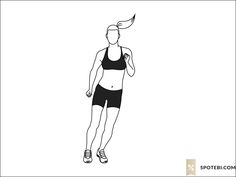 a woman is running with her head in the air and she has one hand on her hip