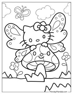 a hello kitty coloring page with flowers and butterflies on the ground, in black and white