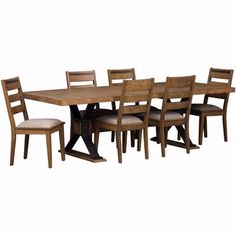 a dining room table with six chairs and a bench in front of it on a white background