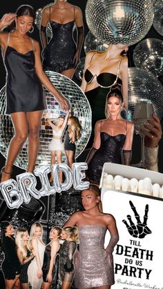 a collage of women in dresses and disco balls with the word bride on it