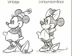 two drawings of mickey and minnie mouse