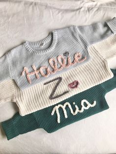 These personalized sweaters make the perfect sentimental statement! Choose anything from a name, nickname, initial, or even a special word you would like embroidered on the sweater. All sweaters are to be washed on cold/delicate cycle and hung/lay flat to dry  *IMPORTANT ORDER INFO: Choose your sweater size and I'll reach out to you with current color options. My supplier is consistently changing their stock so the colors available are always changing. After you choose your sweater color, I'll w Personalized Cotton Sweater For Winter, Personalized White Sweater For Winter, Customizable Cotton Sweater For Winter, Name Sweater, Personalized Sweater, Kids Jumpers, Special Words, Personalized Embroidered, Sweater Pullover