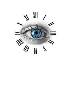 an eye with roman numerals is shown in front of a white wall clock