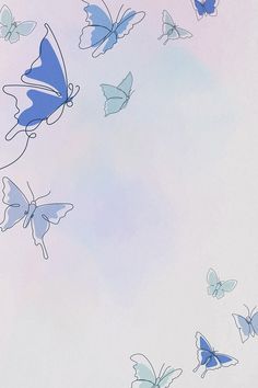 several blue butterflies flying in the sky with white and pink clouds behind them on a pastel background