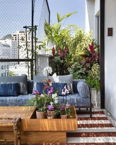 a couch and table on a balcony with potted plants