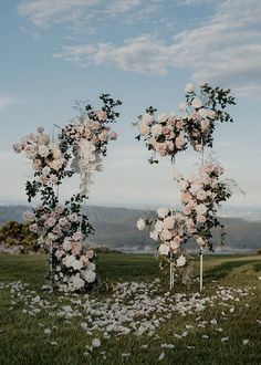 two white and pink flowers are arranged in the grass