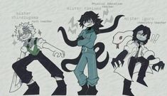 three anime characters are standing in different poses