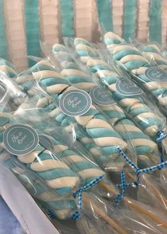 blue and white cookies wrapped in plastic wrappers