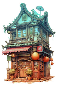 Colourful far eastern magical shop front illustration, two storey house styled with Japanese aesthetics, number 16 in a series. Studio Ghibli City, Fantasy Shop Exterior, Minecraft Studio Ghibli, Studio Ghibli House, Ghibli Village, Studio Ghibli Minecraft, Studio Ghibli Architecture