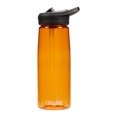 the camelbak water bottle has a black lid and is orange with white lettering on it