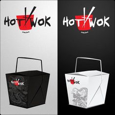 the logo for hot wok is displayed next to an open takeout box with a dragon on it